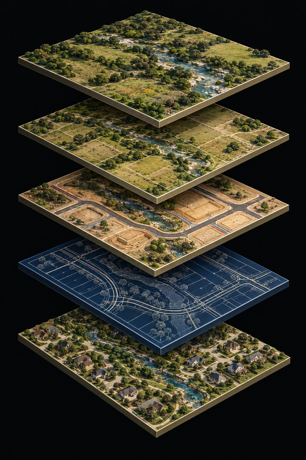 Five realistic terrain layers illustrating land, entitlement, infrastructure, public financing and finished residential lots.